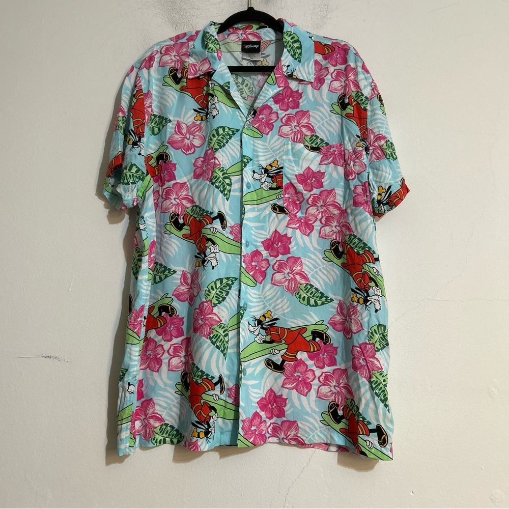 Disney Goofy Floral Resort Hawaiian Tropical Button Down Short Sleeve Shirt XL